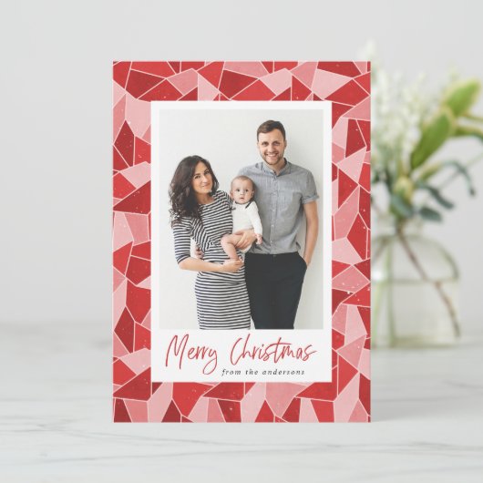 Modern rood Glas in lood vrolijke kerstfoto Feestdagenkaart (Staand voorkant)