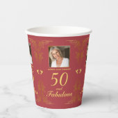 Modern Rood Goud 50 Fabulous Foto Verjaardag Papieren Bekers (Voorkant)