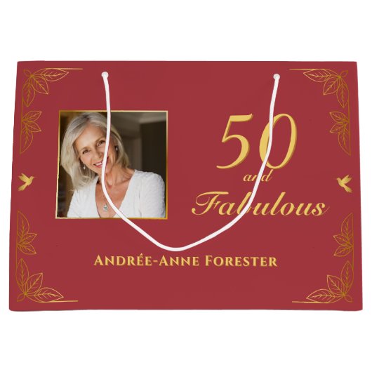 Modern Rood Goud 50 Fabulous Verjaardagsfoto Groot Cadeauzakje (Voorkant)