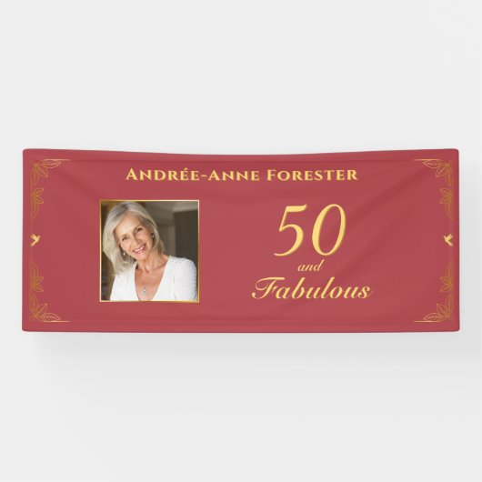 Modern Rood Goud 50 Fabulous Verjaardagsfoto Spandoek (Horizontaal)