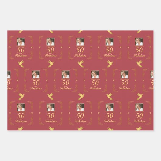 Modern Rood Goud 50 Fantastische Verjaardag Inpakpapier Vel (Voorkant)