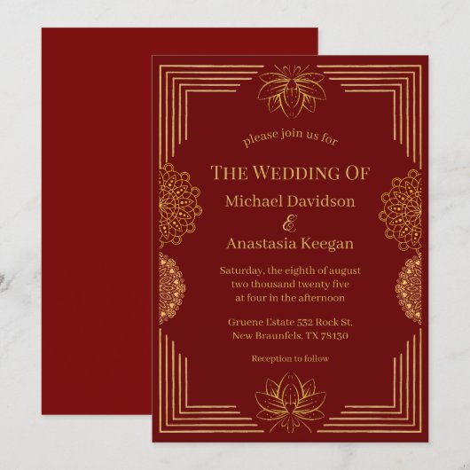 modern rood goud - indiase geometrische bruiloft kaart (Voorkant / Achterkant)