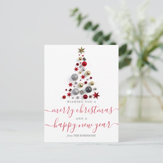 MODERN Rood & Goud Kerstwensen Bauble Tree Feestdagenkaart (Staand voorkant)