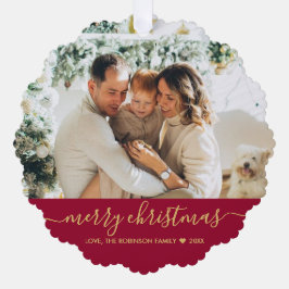 Modern Rood Goud Script 2 Foto Kerstmis Ornament Kaart