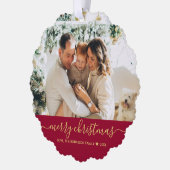 Modern Rood Goud Script 2 Foto Kerstmis Ornament Kaart (Links)