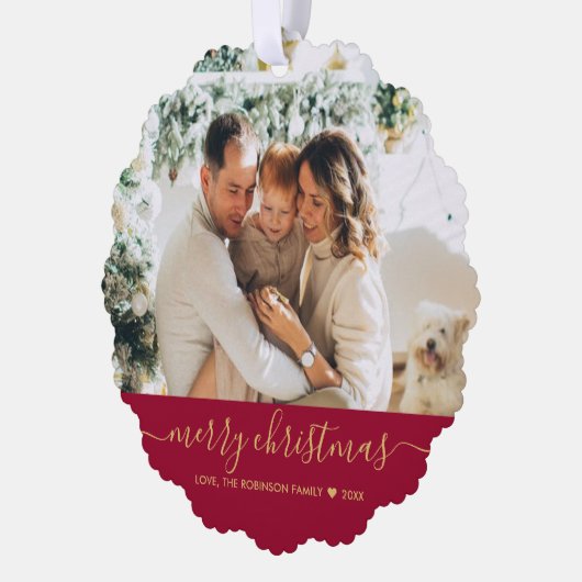 Modern Rood Goud Script 2 Foto Kerstmis Ornament Kaart (Links)