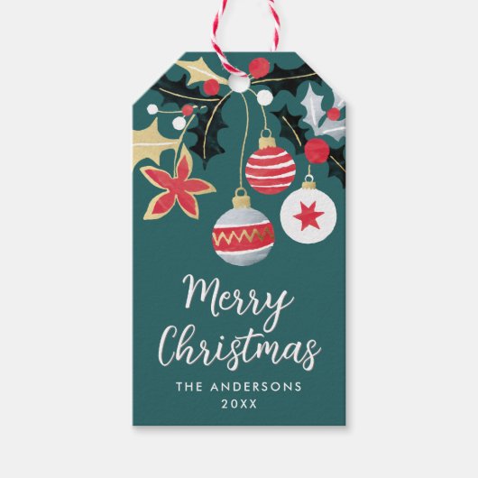 Modern Rood Goud & Zilver Kerst Ornamenten Blauwgr Cadeaulabel (Voorkant)