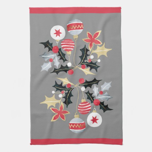 Modern Rood Goud & Zilver Ornamenten Grijs Theedoek (Verticaal)