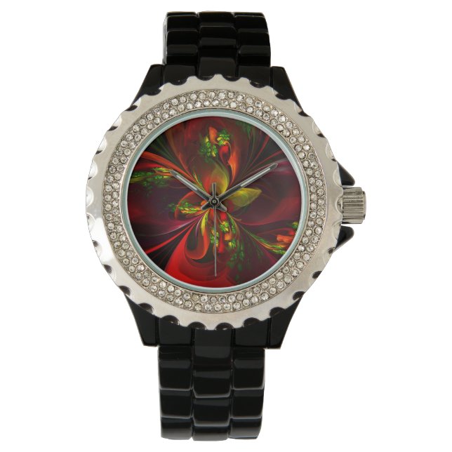 Modern rood groen bloemig Abstract kunstpatroon #0 Horloge (Voorkant)