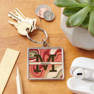 Modern Rood Groen Cream Swirl Monogram Initiaal Na Sleutelhanger