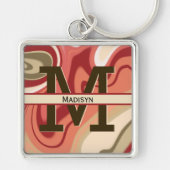 Modern Rood Groen Cream Swirl Monogram Initiaal Na Sleutelhanger (Voorkant)