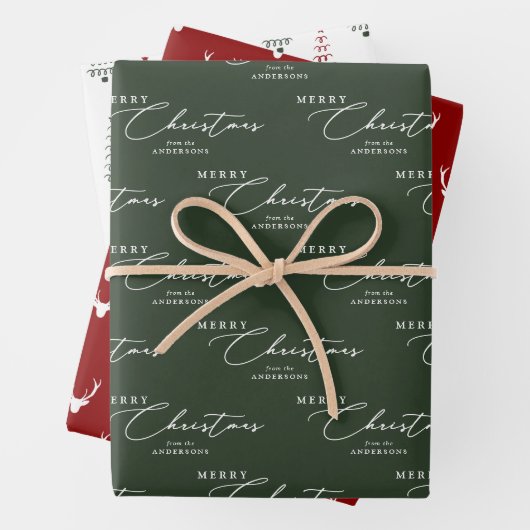 Modern rood groen en wit vrolijk kerstscript inpakpapier vel (In situ)