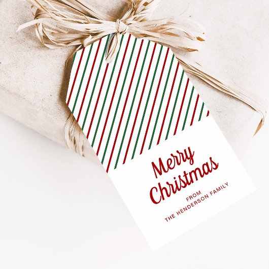 Modern rood groen gestreept Kerstmis Cadeaulabel