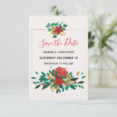 Modern Rood Groen & Goud Kerstboeket Bruiloft Save The Date (Staand voorkant)