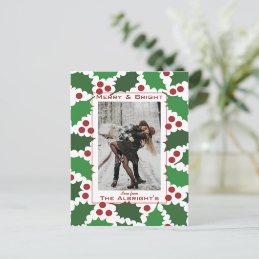 Modern Rood & Groen Jolly Holly 2 Foto Feestdagenkaart (Staand voorkant)