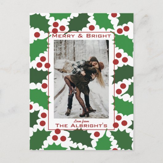 Modern Rood & Groen Jolly Holly 2 Foto Feestdagenkaart (Voorkant)