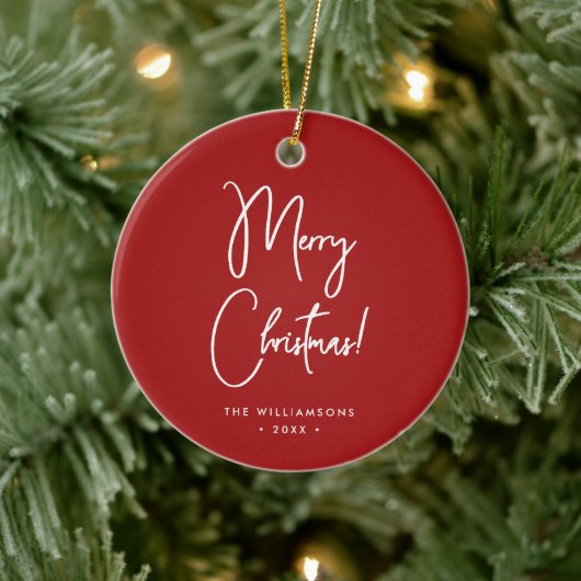 Modern rood kalligrafie script vrolijk kerstfeest keramisch ornament (Boom)