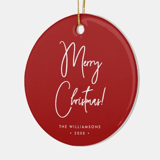 Modern rood kalligrafie script vrolijk kerstfeest keramisch ornament (Links)