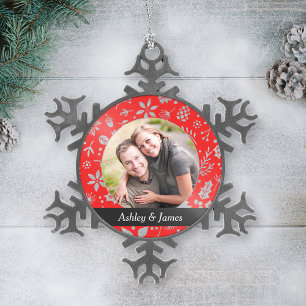 Modern rood kerstblad koppel foto tin sneeuwvlok ornament