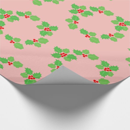 Modern rood lef groen pastel licht roze Kerstmis Cadeaupapier (Hoek)