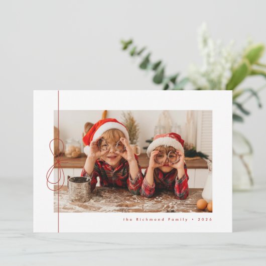 Modern rood lint kerstfoto vakantie Kaart (Staand voorkant)