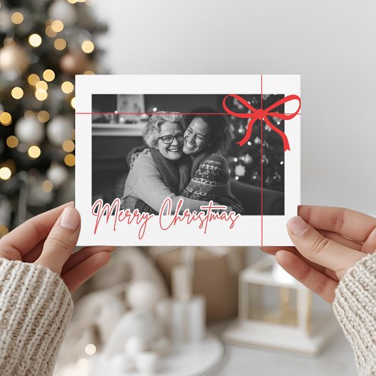 Modern Rood Lint Kerstmis Foto Briefkaart