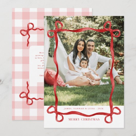 Modern Rood Lint Kerstmis Foto Feestdagenkaart (Voorkant / Achterkant)