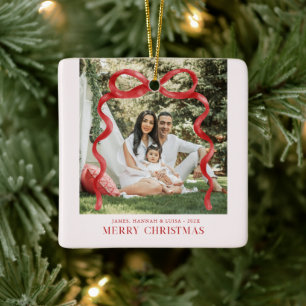 Modern Rood Lint Kerstmis Foto Keramisch Ornament