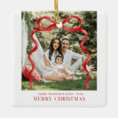 Modern Rood Lint Kerstmis Foto Keramisch Ornament (Voorkant)
