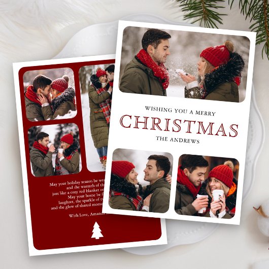 Modern Rood Minimaal 6 Foto Collage Kerstmis Feestdagenkaart