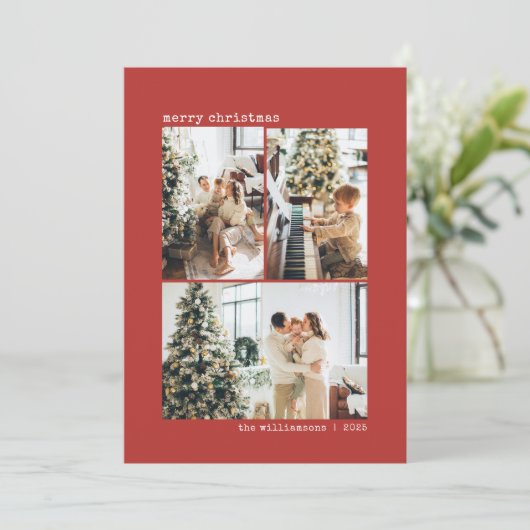 Modern Rood Minimalistisch Drie Foto Kerstmis Feestdagenkaart (Staand voorkant)