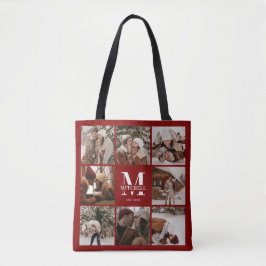 Modern rood monogram en fotocollage gepersonalisee tote bag