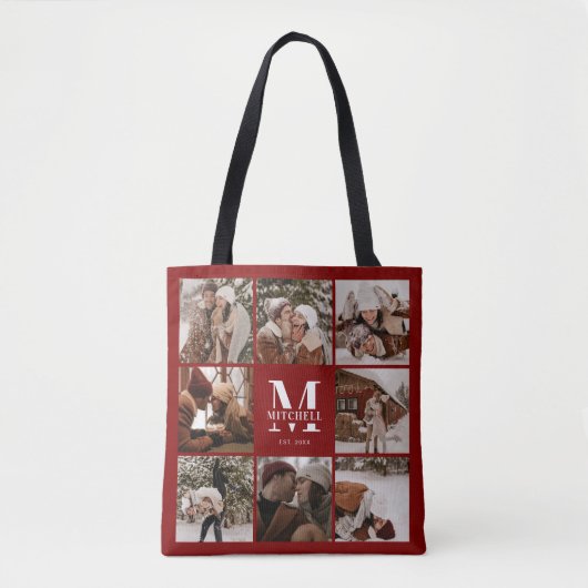 Modern rood monogram en fotocollage gepersonalisee tote bag (Voorkant)