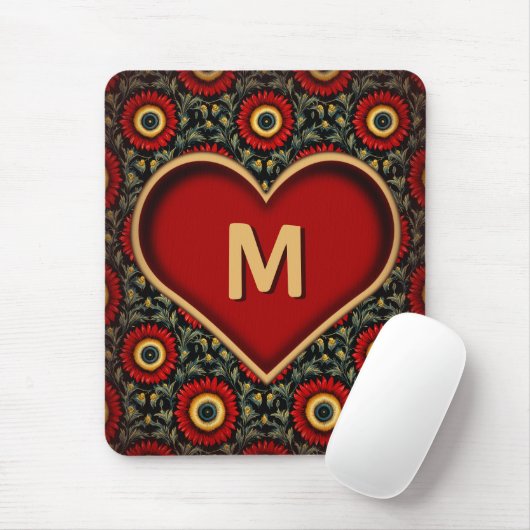 Modern  rood monogram Heart Mousepad Muismat (Met muis)