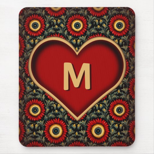 Modern  rood monogram Heart Mousepad Muismat (Voorkant)