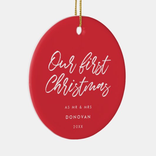 Modern rood onze eerste kerst getrouwd keramisch ornament (Rechts)