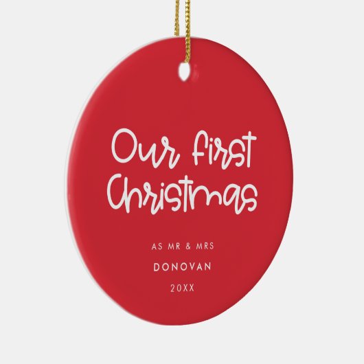 Modern rood onze eerste kerst getrouwd keramisch ornament (Rechts)
