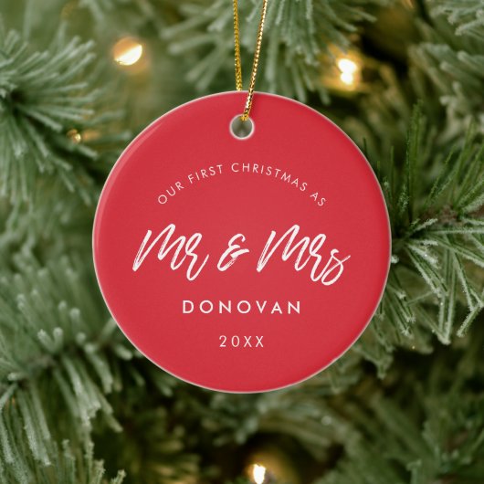 Modern rood onze eerste kersttrouwfoto keramisch ornament (Boom)