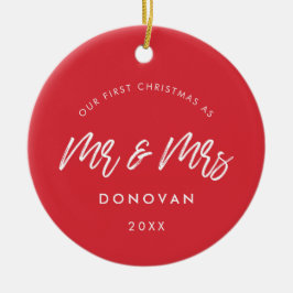 Modern rood onze eerste kersttrouwfoto keramisch ornament