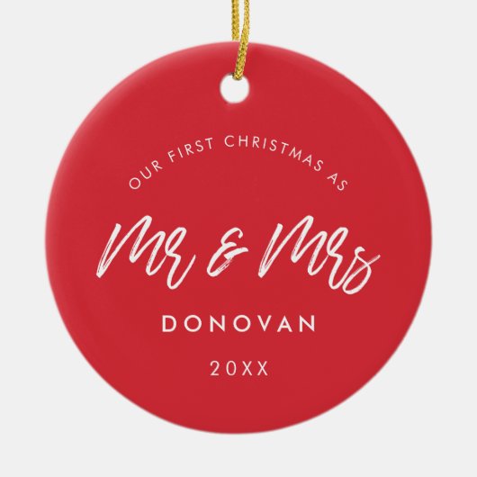 Modern rood onze eerste kersttrouwfoto keramisch ornament (Voorkant)