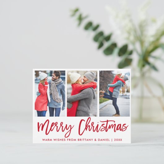 Modern rood penseel script 3 Fotopaar kerst Briefkaart (Staand voorkant)