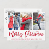 Modern rood penseel script 3 Fotopaar kerst Briefkaart (Voorkant / Achterkant)