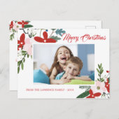 Modern Rood Roze Bloemen Vrolijk Kerstmis Fotokaar Feestdagenkaart (Voorkant / Achterkant)