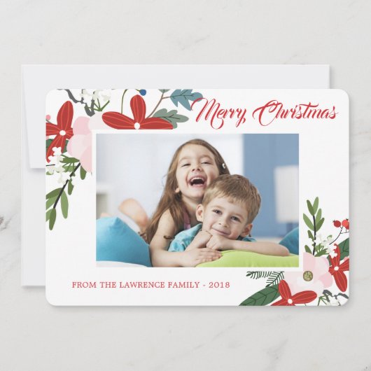 Modern Rood Roze Bloemen Vrolijk Kerstmis Fotokaar Feestdagenkaart (Voorkant)