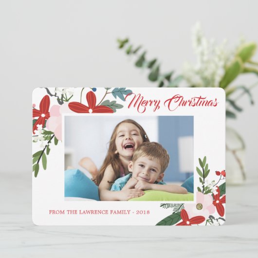 Modern Rood Roze Bloemen Vrolijk Kerstmis Fotokaar Feestdagenkaart (Staand voorkant)