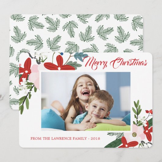 Modern Rood Roze Bloemen Vrolijk Kerstmis Fotokaar Feestdagenkaart (Voorkant / Achterkant)