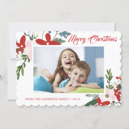 Modern Rood Roze Bloemen Vrolijk Kerstmis Fotokaar Feestdagenkaart