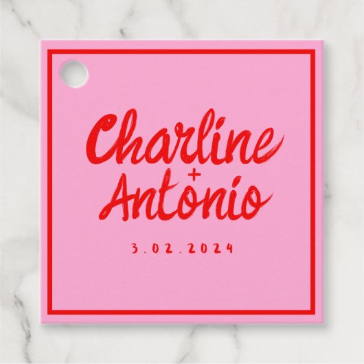 Modern Rood Roze Handschrift Retro Bruiloft Bedankjes Labels (Voorkant)