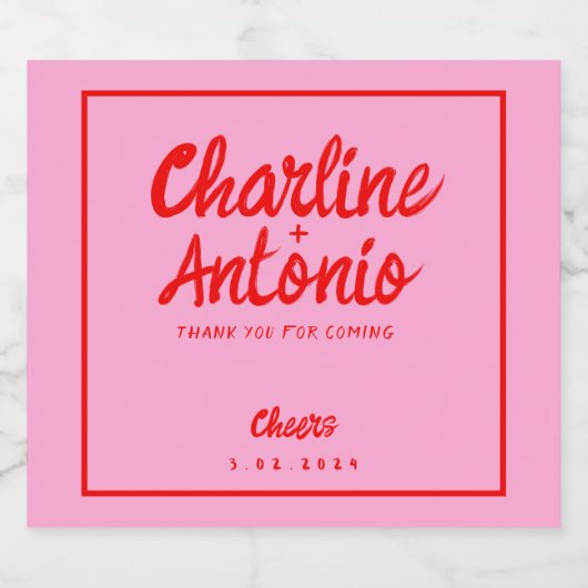Modern Rood Roze Handschrift Retro Bruiloft Sparkling Wijnetiket (Enkel label)