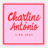 Modern Rood Roze Handschrift Retro Bruiloft Vierkante Sticker (Voorkant)